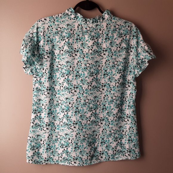 Adrienne Vittadini Short Sleeve Floral Blouse | White Turquoise Black | New! S/M - Picture 5 of 14